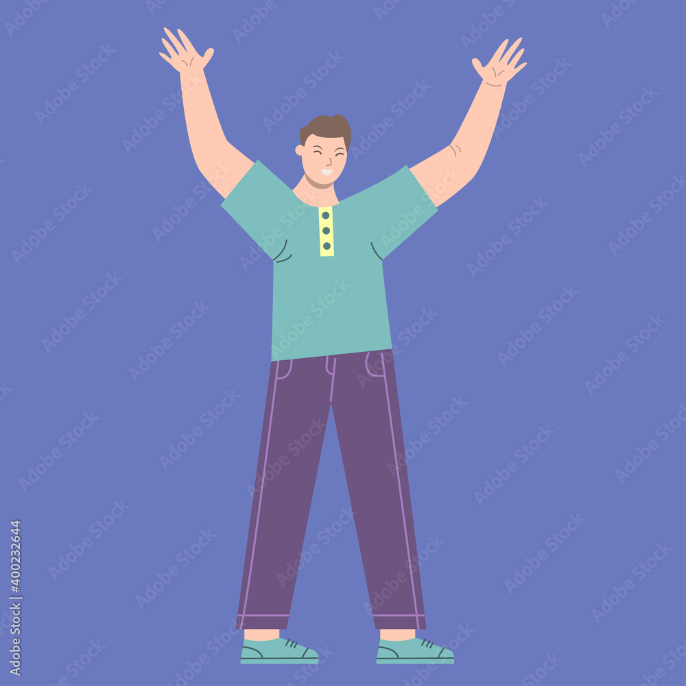 Illustration vector graphic of man cartoon character with being happy in flat design. Business concept. Blue background. Perfect for business promotion, management, marketing. Illustration vector graphic of man cartoon character with being happy in flat design. Business concept. Blue background. Perfect for business promotion, management, marketing.