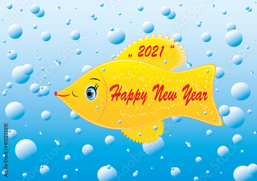 Illustration of traditional golden Christmas New Year fish in water with bubbles. Wishes to fulfill wishes in a message from the fairytale Goldfish. Vector format and jpg.