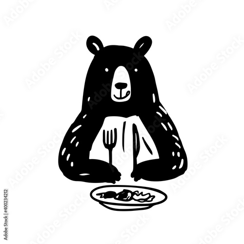 The bear eats from the plate. Logo for the cafe.