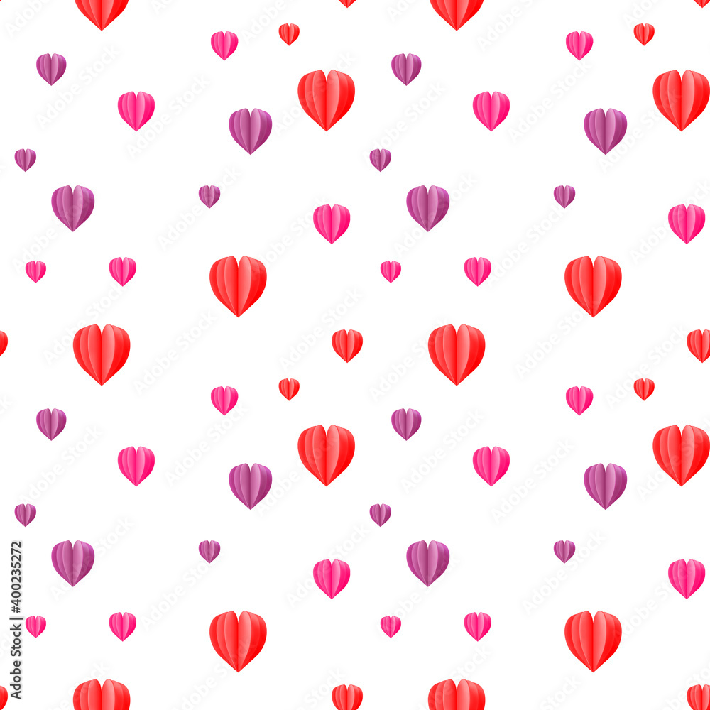 Seamless pattern of colorful hearts on a white background. Fabric design, Wallpaper, packaging.