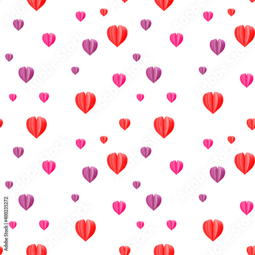 Seamless pattern of colorful hearts on a white background. Fabric design, Wallpaper, packaging.