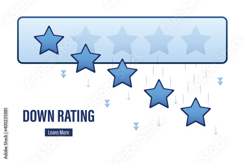 Down rating, concept banner. Stars are falling in turns. Negative review landing page template. Testimonials, customer feedback.