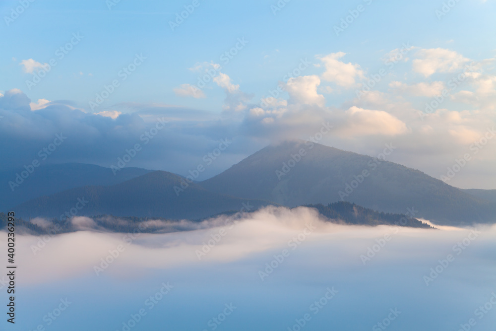 Mountain Homyak in deep fog. Ukraine, Carpathians.