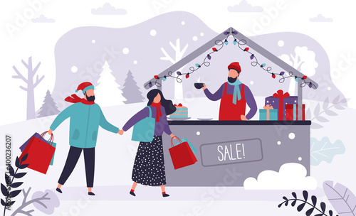 Love couple walking and shopping on winter fair. Male character selling hot drinks and pastries on christmas market