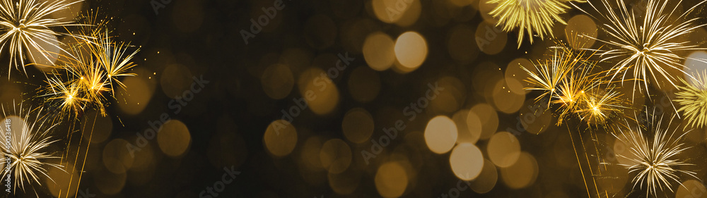 Silvester Party Festival New Year background banner panorama long greeting card template - Festive golden firework and bokeh lights isolated on dark black night sky, with space for text	 - obrazy, fototapety, plakaty 