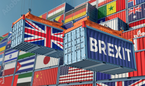 Freight containers with the text BREXIT and United Kingdom flag on the side. 3D Rendering © Marius Faust