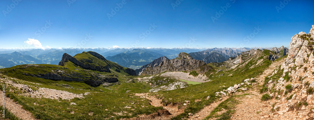 Panorama view from mountain Rofanspitze to Kaisergebirge and Karwendel mountains in Tyrol