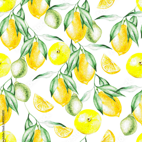 Colorful watercolor pattern with lemon fruits and flowers. Illustrations.