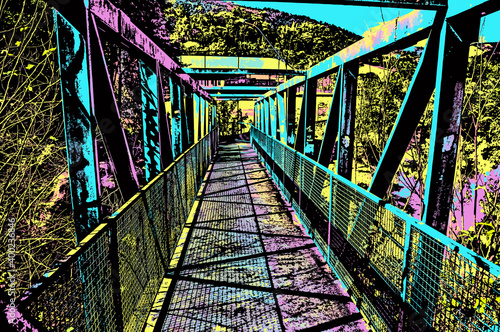 Iron footbridge over small river at Monte Alegre do Sul. A little rural town amid hilly landscape in southeastern Brazil. Blacklight Poster filter. photo