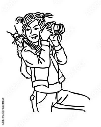 Beautiful cute girl with a camera in her hands. A girl on a walk in the park photographs a squirrel. Line drawing. Hand drawn vector illustration.