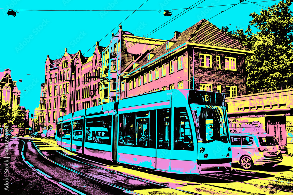 Obraz premium Amsterdam, Netherlands, June 26, 2017. Street with tram passing by in Amsterdam. Famous for its cultural life and canals. Blacklight Poster filter.