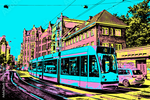 Amsterdam, Netherlands, June 26, 2017. Street with tram passing by in Amsterdam. Famous for its cultural life and canals. Blacklight Poster filter.