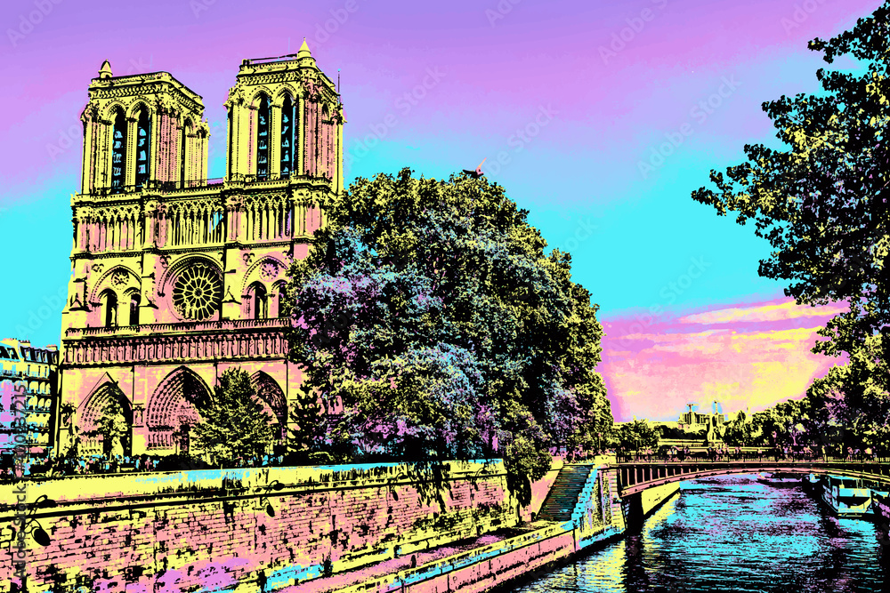 Seine River and facade of gothic Notre-Dame Cathedral in Paris. The French capital known as the City of Light. Blacklight Poster filter.