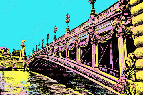 Span of Alexandre III bridge over the Seine River in Paris. The French capital known as the City of Light. Blacklight Poster filter.
