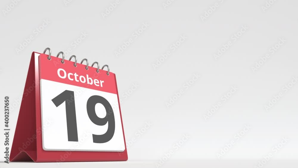 October 19 date on the flip desk calendar page, blank space for user text, 3d animation October 19 date on the flip desk calendar page, blank space for user text, 3d animation