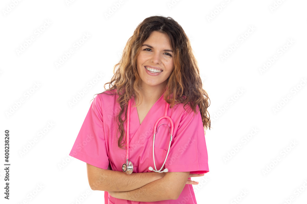 Attractive doctor wearing a pink uniform Attractive doctor wearing a pink uniform