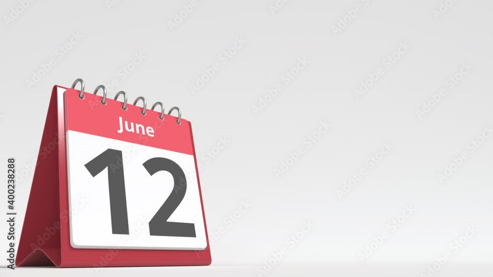 June 12 date on the flip desk calendar page, blank space for user text, 3d animation June 12 date on the flip desk calendar page, blank space for user text, 3d animation