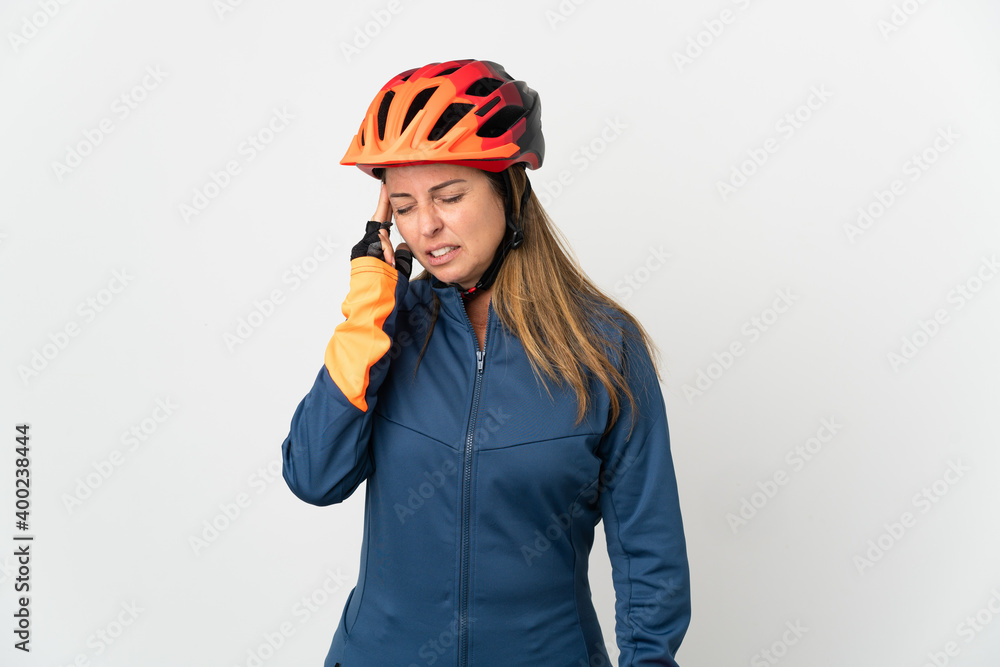 Middle age cyclist woman isolated on white background with headache Middle age cyclist woman isolated on white background with headache