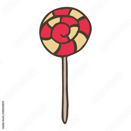 Doodle swirl lollipop illustration. Hand drawn dessert isolated on white background. Vector festive icon for candy shop poster. Sweet unhealthy food.
