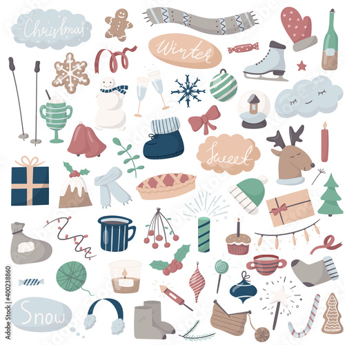 Set of vector doodle icons. Cartoon winter and Christmas pictures. All objects are isolated. Cute multicolored objects and lettering. Background and greeting card decoration.