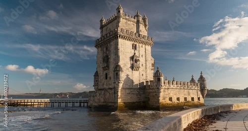 4k moving time lapse of the Torre de Belem in the city of Lisbon, Portugal