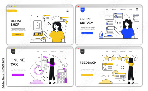 Web page design template, Online shop, survey, tax, feedback. Modern vector concept illustration for website design and mobile websites. Flat illustrations
