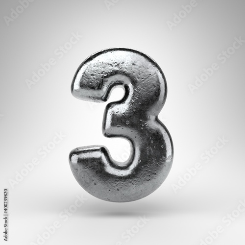 Number 3 on white background. Iron 3D number with gloss metal texture.
