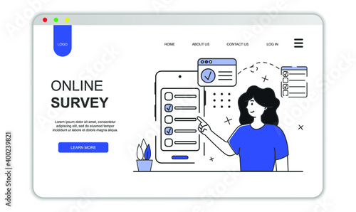 Online survey concept. Phone application for survey. Woman with mobile.