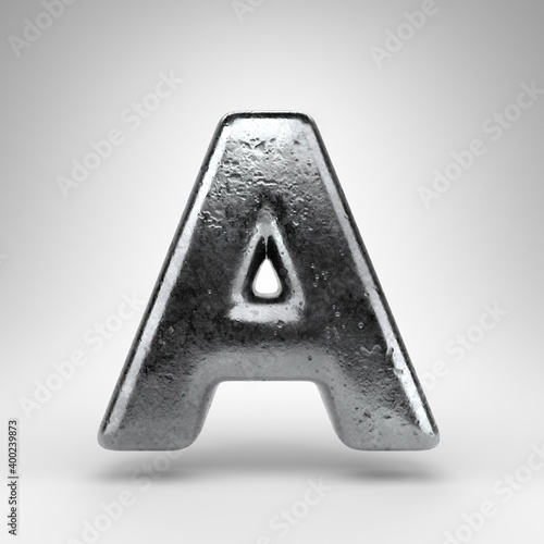 Letter A uppercase on white background. Iron 3D letter with gloss metal texture.