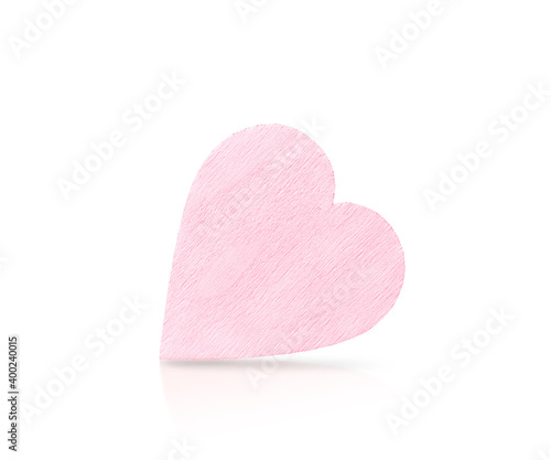 Pink wooden heart isolated on white background with soft shadow and reflection