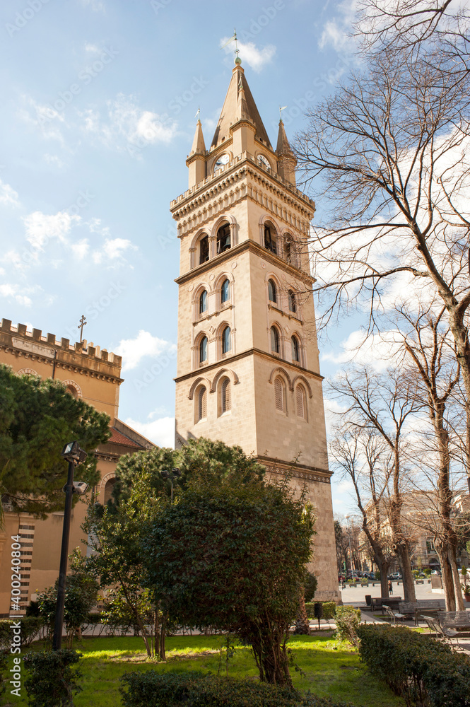 Cathedral of Messina with an external transept and the attached big belfry that is also a clock tower 60 meters high. Sicily, Italy.