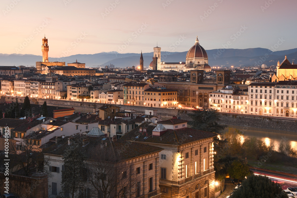 Night cityscape view of Florence, from Piazzale Michelangelo in december during christmas period. Italy.