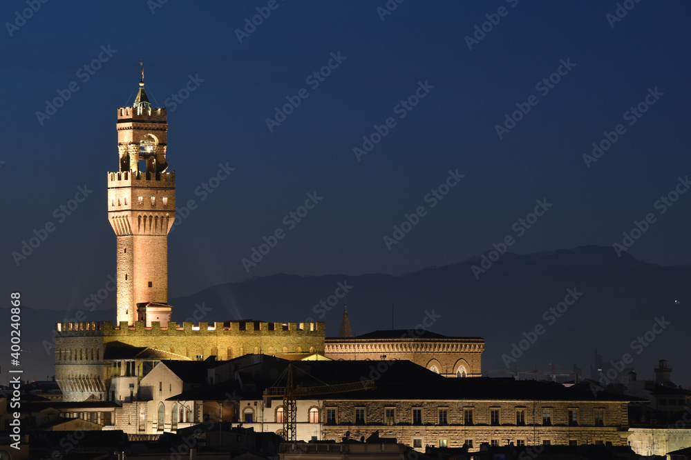 Palazzo Vecchio at evening seen from Piazzale Michelangelo. The Palazzo Vecchio is the town hall of Florence, Italy.