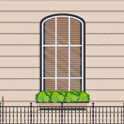 Semicircular window with flowers in a flat style. Window with shutters. Stock vector illustration.