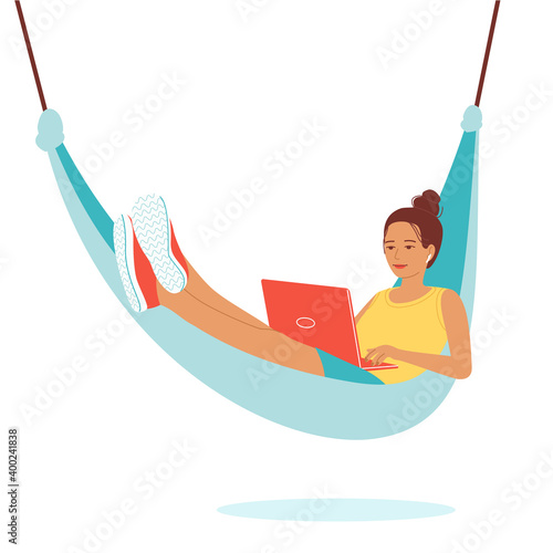 Young woman lies in a hammock with a laptop. Remote employee, freelancer, online student, teacher, e-learning. Isolated vector illustration