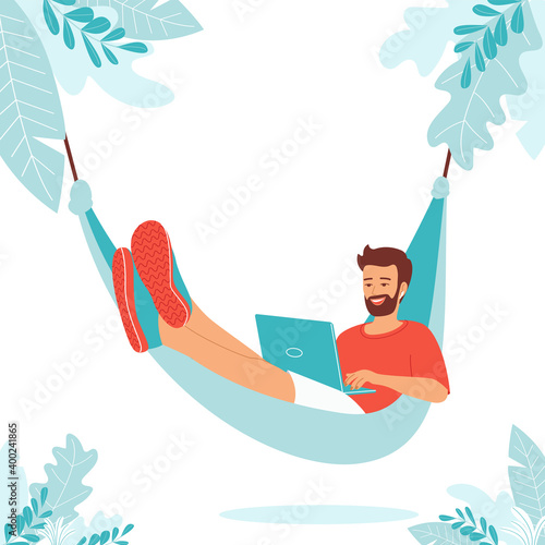 Young man lies in a hammock with a laptop. Remote employee, freelancer, online student, teacher, e-learning. Template with copy space. Isolated vector illustration