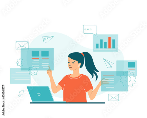 A young woman multitasking. Abstract concept of active work, deadline, information search on the internet. Office content manager, freelancer worker. Isolated vector illustration