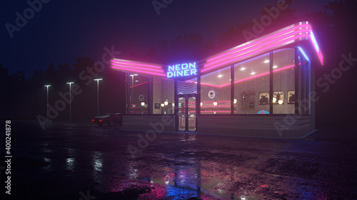 Neon diner and retro car late at night. Fog, rain and colour reflections on asphalt. 3d illustration