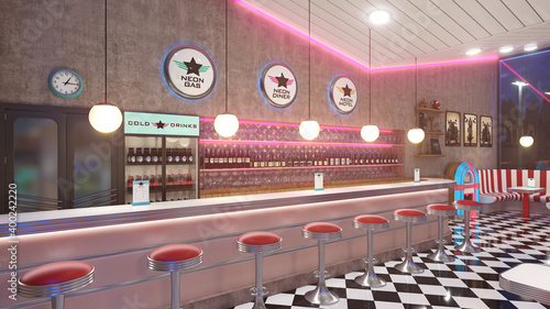 Retro diner interior with a tile floor, neon illumination, jukebox and art deco style bar stools. 3d illustration. photo