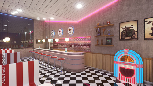 Photos Retro diner interior with a tile floor, neon illumination, jukebox and art deco style bar stools
