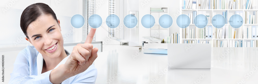office business work concept, hand of smiling woman touch screen empty icons, web banner and copy space template office business work concept, hand of smiling woman touch screen empty icons, web banner and copy space template