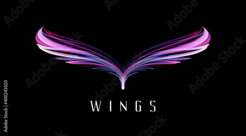 Abstract symmetry bird wings, glowing neon lights forming fantasy bird shape, puple modern graphic element