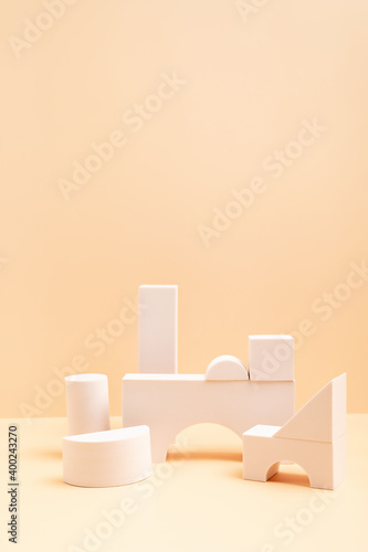 Podium  stand  platform for product presentation. Abstract beige background and white shapes. Mockup for branding