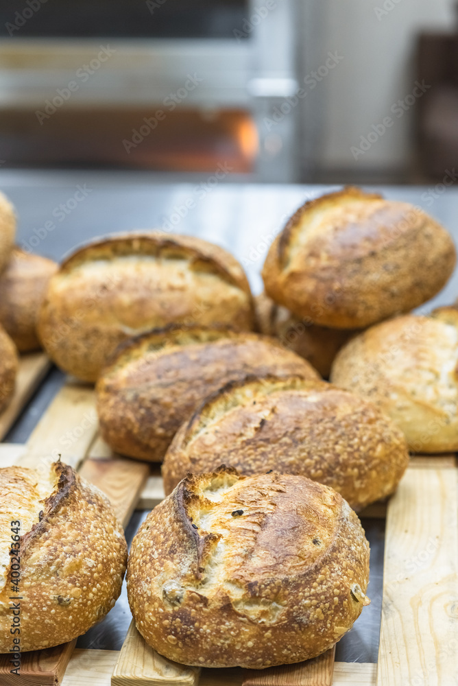 Tartin bread on the table. Making craft bread at the bakery