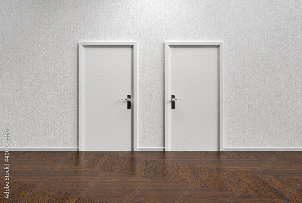 White wall with two closed doors and wooden floor