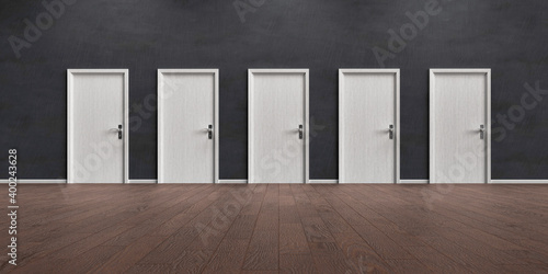 Grey wall with five closed doors and wooden floor
