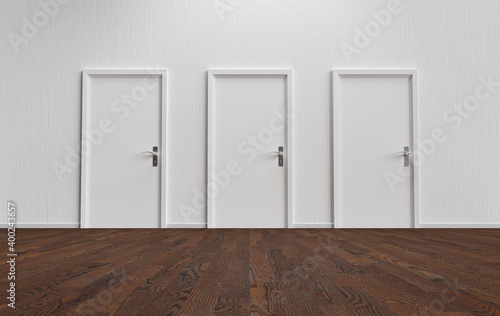 White wall with three closed doors and wooden floor photo