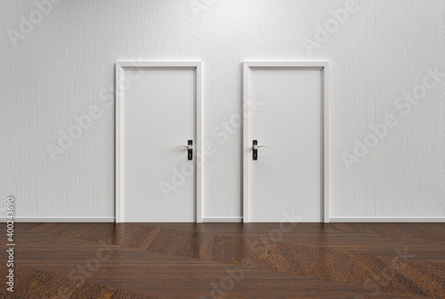White wall with two closed doors and wooden floor