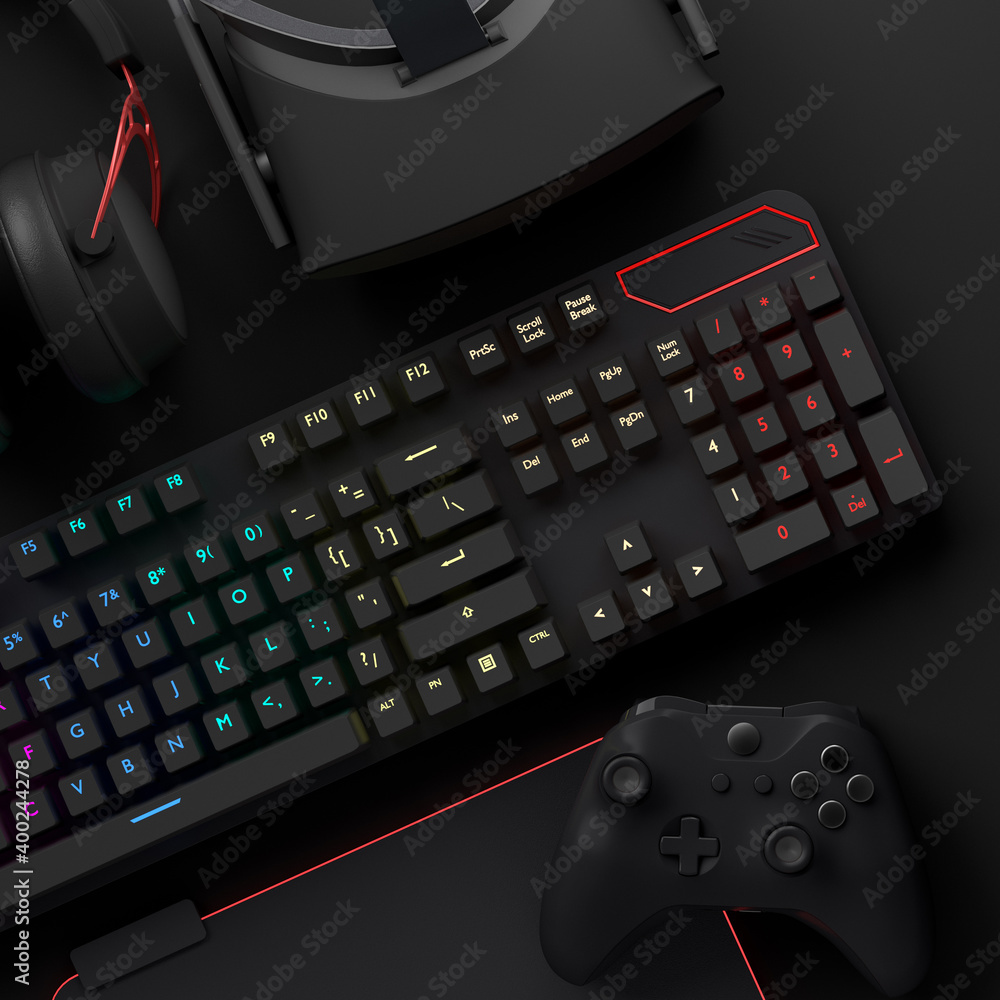Top view of gamer workspace and gear like mouse, keyboard, joystick, headset, VR Top view of gamer workspace and gear like mouse, keyboard, joystick, headset, VR