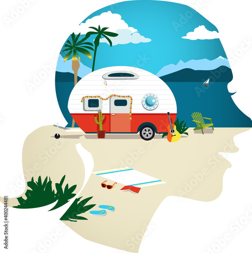 Female profile with a travel scene, camper trailer on a beach at the sea side, EPS 8 vector illustration © aleutie